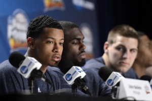 Michigan Wolverines guard Trey Burke (left) during a press conference the day before the championship game of the 2013 Final Four of the NCAA men's basketball tournament at the Georgia Dome. Mandatory Credit: Richard Mackson-USA TODAY Sports