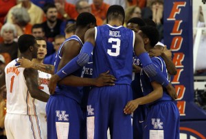 Kentucky Wildcats forward Nerlens Noel (3) and teammates huddle up against the Florida Gators during the first half at the Stephen C. O'Connell Center. Mandatory USA TODAY Sports