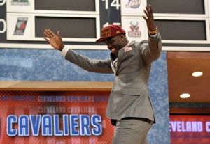 Anthony Bennett (UNLV) reacts after being selected as the number one overall pick to the Cleveland Cavaliers during the 2013 NBA Draft at the Barclays Center. Mandatory Credit: Joe Camporeale-USA TODAY Sports