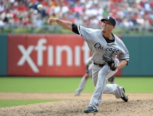 Chicago White Sox relief pitcher Matt Lindstrom (27) pitches during seventh inning against the Philadelphia Phillies during game one of a doubleheader at Citizens Bank Park. Mandatory Credit: Eric Hartline-USA TODAY Sports