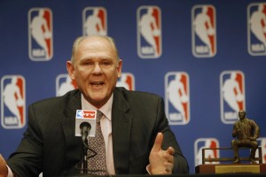 Denver Nuggets head coach George Karl during the press conference announcing him NBA coach of the year at the Pepsi Center. Mandatory Credit: Chris Humphreys-USA TODAY Sports