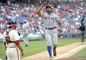 New York Mets center fielder Jordany Valdespin (1) reacts after hitting solo home run in the ninth inning against the Philadelphia Phillies at Citizens Bank Park. The Phillies defeated the Mets, 8-7. Mandatory Credit: Eric Hartline-USA TODAY Sports