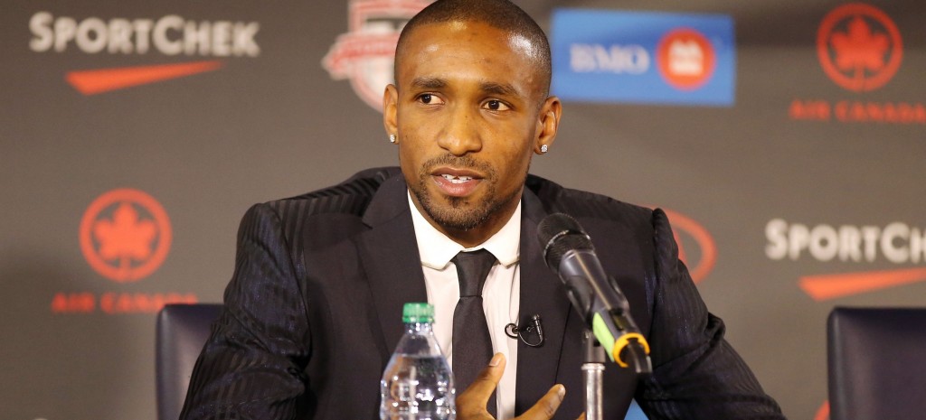 Toronto FC new player Jermain Defoe is introduced during a press conference at Real Sports Bar and Grill. Mandatory Credit: Tom Szczerbowski-USA TODAY Sports