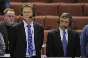 TV announcers Steve Kerr (left) and Marv Albert (right) announce before the semifinals of the west regional of the 2014 NCAA Mens Basketball Championship tournament between the Wisconsin Badgers and the Baylor Bears at Honda Center. Mandatory Credit: Robert Hanashiro-USA TODAY Sports