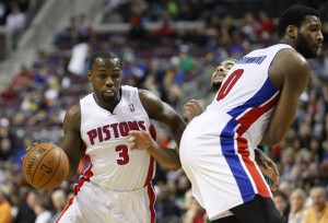 Detroit Pistons guard Rodney Stuckey (3) dribbles the ball against Boston Celtics guard Jerryd Bayless (11) during the fourth quarter at The Palace of Auburn Hills. Pistons beat the Celtics 115-111. Mandatory Credit: Raj Mehta-USA TODAY Sports