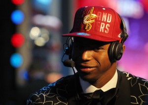 Andrew Wiggins (Kansas) is interviewed after being selected as the number one overall pick to the Cleveland Cavaliers in the 2014 NBA Draft at the Barclays Center. Mandatory Credit: Brad Penner-USA TODAY Sports