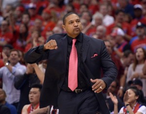 Mark Jackson reacts against the Los Angeles Clippers in game seven of the first round of the 2014 NBA Playoffs at Staples Center. Mandatory Credit: Kirby Lee-USA TODAY Sports