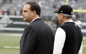 New York Jets general manager Mike Tannenbaum (left) and head coach Rex Ryan before the game against the Arizona Cardinals at Metlife Stadium. Mandatory Credit: William Perlman/THE STAR-LEDGER via USA TODAY Sports