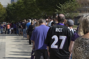 Baltimore Ravens fans wait in line over an hour to exchange their Ray Rice jerseys for new NFL jerseys at M&T Bank Stadium. Mandatory Credit: Tommy Gilligan-USA TODAY Sports