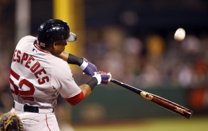 Boston Red Sox left fielder Yoenis Cespedes (52) doubles against the Pittsburgh Pirates during the fourth inning at PNC Park. Mandatory Credit: Charles LeClaire-USA TODAY Sports