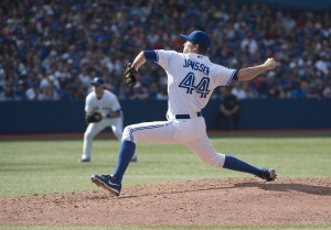 Toronto Blue Jays relief pitcher Casey Janssen (44) throws a pitch during the ninth inning in a game against the Baltimore Orioles at Rogers Centre. The Baltimore Orioles won 1-0. Mandatory Credit: Nick Turchiaro-USA TODAY Sports