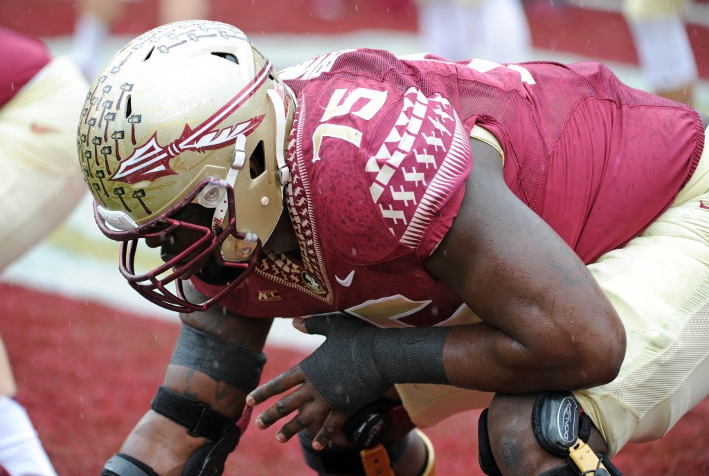 Florida State Seminoles center Cameron Erving (75) warms up before the start of the game against the Boston College Eagles at Doak Campbell Stadium. Mandatory Credit: Melina Vastola-USA TODAY Sports