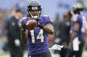 Baltimore Ravens wide receiver Marlon Brown (14) makes a catch prior to the game against the Jacksonville Jaguars at M&T Bank Stadium. Mandatory Credit: Tommy Gilligan-USA TODAY Sports