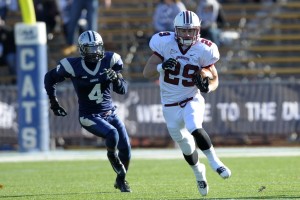 Lafayette Leopards running back Ross Scheuerman (29) runs with the ball while being pursued by New Hampshire Wildcats safety Manny Asam (4) during the first half at Cowell Stadium. Mandatory Credit: Bob DeChiara-USA TODAY Sports