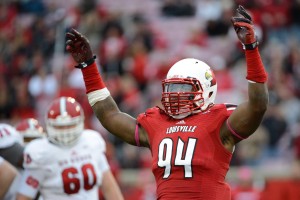 Louisville Cardinals defensive end Lorenzo Mauldin (94) reacts during the second half of play against the North Carolina State Wolfpack at Papa John's Cardinal Stadium. Louisville defeated North Carolina State 30-18. Mandatory Credit: Jamie Rhodes-USA TODAY Sports