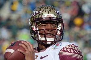 Florida State Seminoles quarterback Jameis Winston (5) warms up before the 2015 Rose Bowl college football game against the Oregon Ducks at Rose Bowl. Mandatory Credit: Kirby Lee-USA TODAY Sports