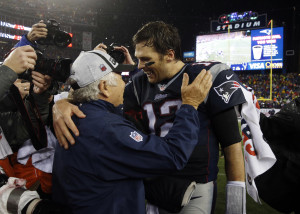 New England Patriots owner Robert Kraft (left) greets quarterback Tom Brady (12) after the AFC Championship Game against the Indianapolis Colts at Gillette Stadium. Mandatory Credit: David Butler II-USA TODAY Sports