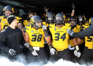 October 27, 2012; Missouri Tigers defensive lineman Sheldon Richardson (34) and running back Jared McGriff-Culver (38) prepare to enter the field with their teammates before kickoff. Credit: Dak Dillon-US PRESSWIRE