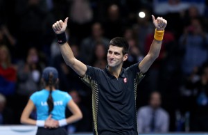 Nov 13, 2012; Novak Djokovic reacts during his match against Roger Federer during the ATP World Tour Finals at the O2 Arena. Credit: Presse Sports via US PRESSWIRE