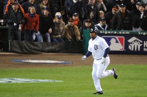 Detroit Tigers designated hitter Delmon Young watches the flight of his solo home run against the San Francisco Giants. Credit: Tim Fuller-USA TODAY Sports.