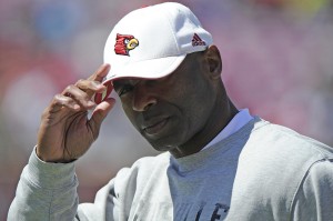Louisville Cardinals head coach Charlie Strong looks toward the sideline during the spring game at Papa Johns Cardinal Stadium. Mandatory Credit: Jamie Rhodes-USA TODAY Sports