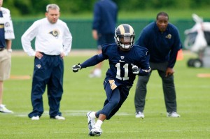 St. Louis Rams wide receiver Tavon Auston (11) runs a drill during rookie minicamp at Rams Park. Mandatory Credit: Scott Kane-USA TODAY Sports