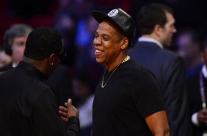 Jay-Z greet each other before the 2013 NBA all star game at the Toyota Center. Mandatory Credit: Bob Donnan-USA TODAY Sports