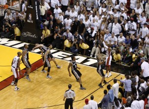 Miami Heat shooting guard Ray Allen (34) hits the tying three-point shot with 5.2 seconds against the San Antonio Spurs during the fourth quarter of game six in the 2013 NBA Finals at American Airlines Arena. Mandatory Credit: Robert Mayer-USA TODAY Sports