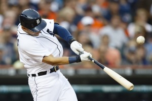 Detroit Tigers third baseman Jose Iglesias (1) hits an RBI single during the fourth inning against the Chicago White Sox at Comerica Park. Mandatory Credit: Rick Osentoski-USA TODAY Sports