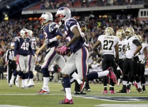 New England Patriots wide receiver Kenbrell Thompkins (85) runs off the field after scoring the game winning touchdown against against the New Orleans Saints during the fourth quarter at Gillette Stadium. The Patriots defeated the Saints 30-27. Mandatory Credit: Stew Milne-USA TODAY Sports