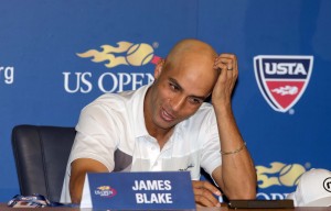 James Blake (USA) at his press conference to announce that the 2013 US Open will be his last tournament on day one of the 2013 US Open at the Billie Jean King National Tennis Center. Mandatory Credit: Susan Mullane-USA TODAY Sports