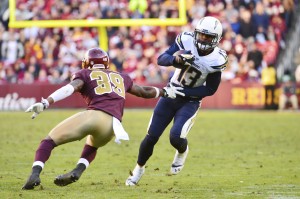 San Diego Chargers wide receiver Keenan Allen (13) runs with the ball past Washington Redskins free safety David Amerson (39) attempts to make a tackle during the game at FedEx Field. The Redskins defeated the Chargers 30-24. Mandatory Credit: Tommy Gilligan-USA TODAY Sports