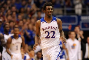 Kansas Jayhawks guard Andrew Wiggins (22) celebrates after scoring during the second half of the game against the Louisiana Monroe Warhawks at Allen Fieldhouse. Kansas won 80 - 63. Mandatory Credit: Denny Medley-USA TODAY Sports