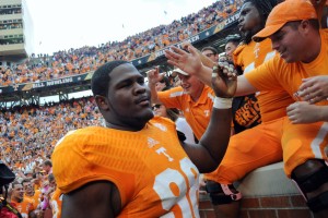 Tennessee Volunteers defensive lineman Daniel McCullers (98) reacts after defeating the South Carolina Gamecocks on a last second field goal at Neyland Stadium. Tennessee won 23 to 21. Mandatory Credit: Randy Sartin-USA TODAY Sports