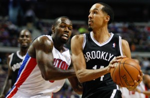 Brooklyn Nets point guard Shaun Livingston (14) tries to dribble around Detroit Pistons shooting guard Rodney Stuckey (3) during the second quarter at The Palace of Auburn Hills. Mandatory Credit: Raj Mehta-USA TODAY Sports
