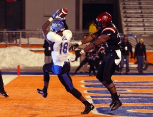 Buffalo Bulls wide receiver Fred Lee (18) hauls in a touchdown pass during the second half of the Idaho Potato Bowl verse the San Diego State Aztecs at Bronco Stadium. San Diego defeated Buffalo 49-24. Mandatory Credit: Brian Losness-USA TODAY Sports