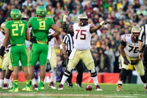 Florida State Seminoles offensive tackle Cameron Erving (75) gestures during the second half of the 2015 Rose Bowl college football game against the Oregon Ducks at Rose Bowl. Mandatory Credit: Robert Hanashiro-USA TODAY Sports