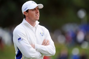 Sep 27, 2014; Perthshire, Perthshire, SCT; European golfer Rory McIlroy on the back nine of his second match of the day on day two of the 2014 Ryder Cup at Gleneagles Resort - PGA Centenary Course. Mandatory Credit: Thomas J. Russo-USA TODAY Sports