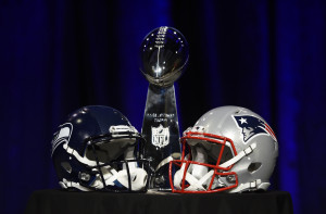 Jan 30, 2015; Phoenix, AZ, USA; General view of the Vince Lombardi Trophy and helmets for the Seattle Seahawks and New England Patriots during a press conference for Super Bowl XLIX at Phoenix Convention Center. Mandatory Credit: Kyle Terada-USA TODAY Sports