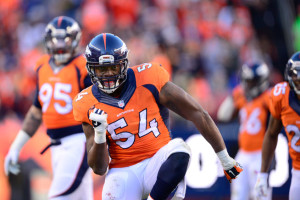 Broncos LB Brandon Marshall celebrates an interception. Via DenverPost.com.