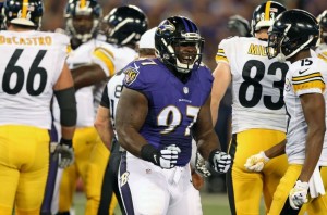 Ravens DT Timmy Jernigan celebrates against the Pittsburgh Steelers. Via russellstreetreport.com.