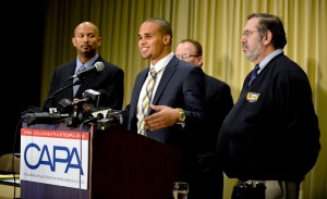 (From left to right) CAPA president Ramogi Huma, Northwestern University quarterback Kain Colter, United Steelworkers (USW) national political director Tim Waters, and United Steelworkers (USW) president Leo W. Gerard during a press conference for CAPA College Athletes Players Association at Hyatt Regency. Mandatory Credit: Matt Marton-USA TODAY Sports